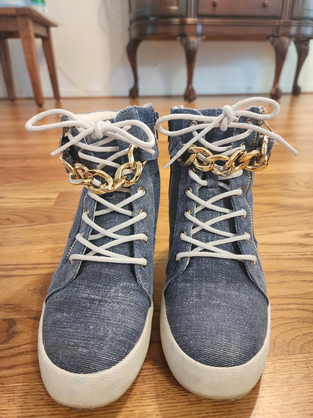 Denim High-Top Sneakers with Gold Chain Accent - Women's